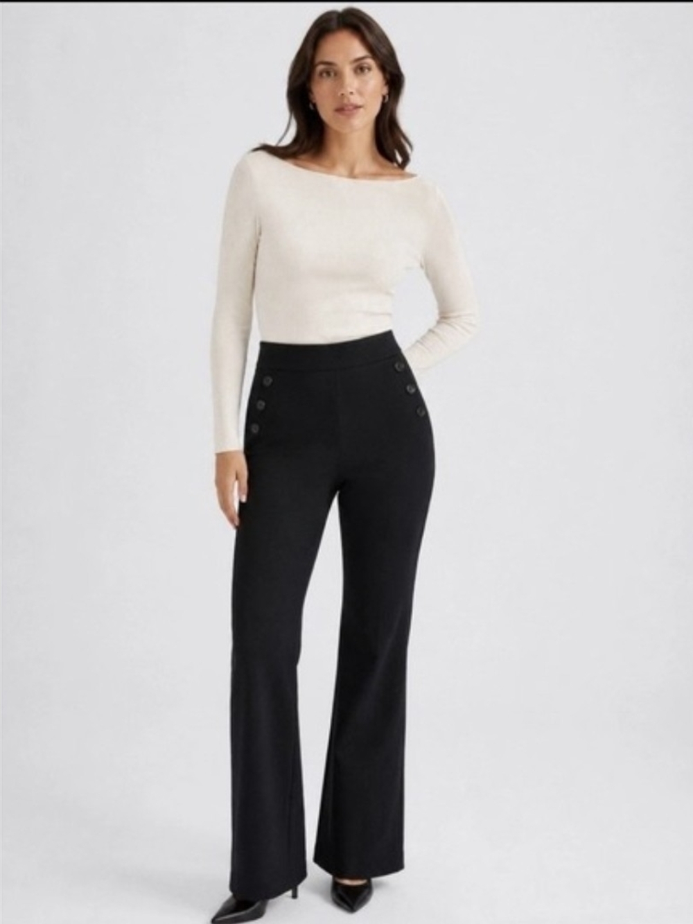 Ann Taylor Black Boot-Cut Flare Pants with Sailor Buttons - Size 12